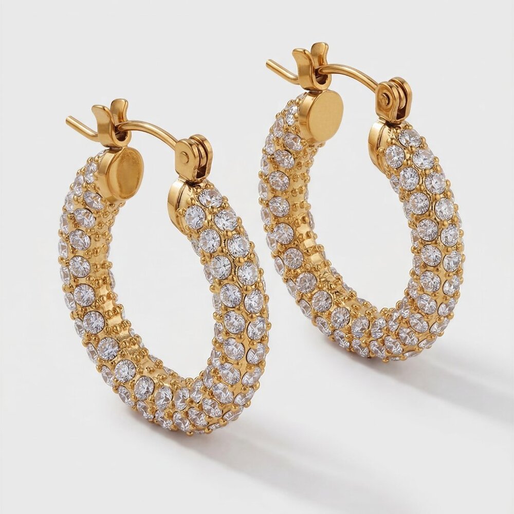 Medium Zircon Chunky Hoop 18K Gold Plated Stainless Steel Earrings